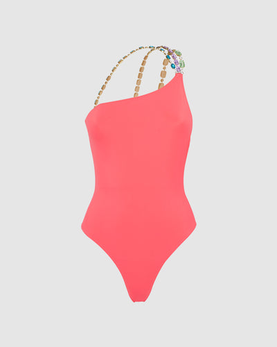 Bling one shoulder swimsuit : Women Swimwear Coral | GCDS